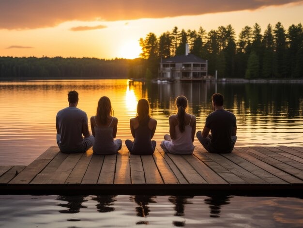 A group sitting together on a lakeside dock at the Vita Nova luxury wellness retreat in South Florida